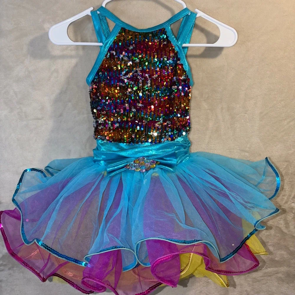 Weissman Kids Rainbow Sequin Tutu Dance Costume Blue Yellow Style 10819 Size IC